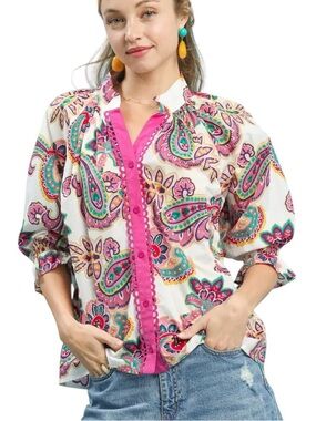 Umgee Floral Paisley Print Scalloped Trimmed Button Down Puff Sleeve Blouse - L